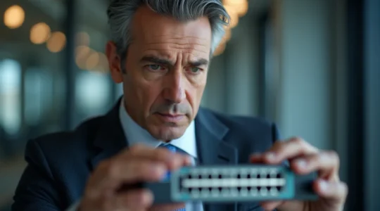 Dirigeant de PME scrutant attentivement les détails de circuits électroniques d'un équipement réseau, symbolisant la vigilance face aux défis informatiques