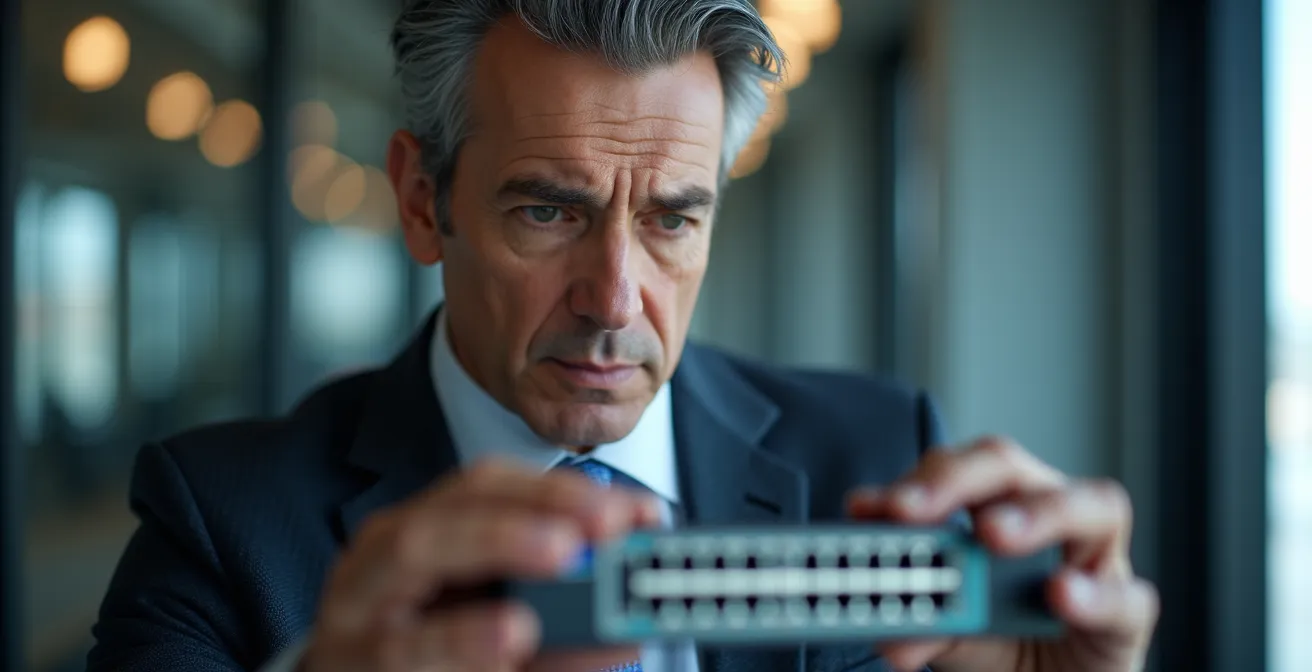 Dirigeant de PME scrutant attentivement les détails de circuits électroniques d'un équipement réseau, symbolisant la vigilance face aux défis informatiques