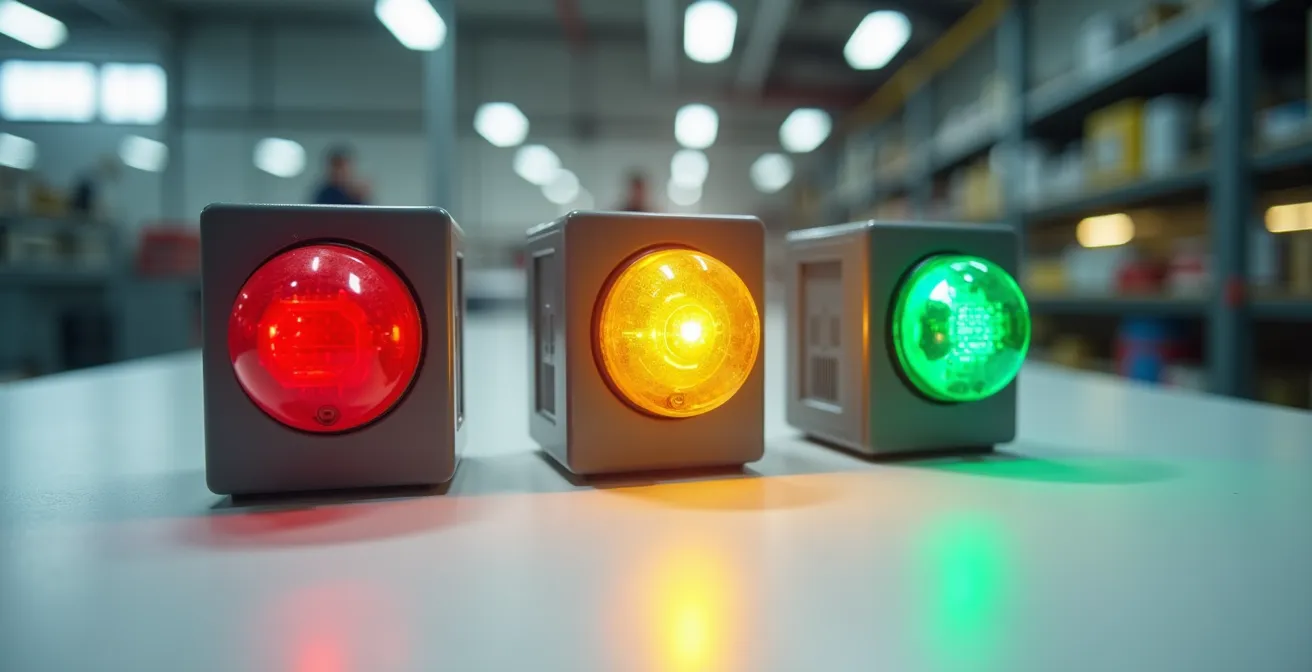 Métaphore visuelle montrant trois états de sévérité de panne : rouge critique, jaune alerte, vert normal, représentés par des objets physiques évocateurs