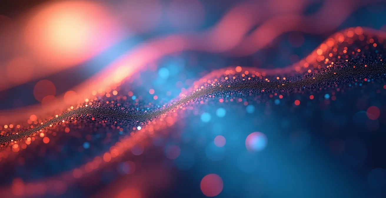 Un détail en macro d'un écran de Mac affichant un flux de travail créatif fluide, avec textures fines d'interface et bokeh naturel symbolisant la fluidité créative