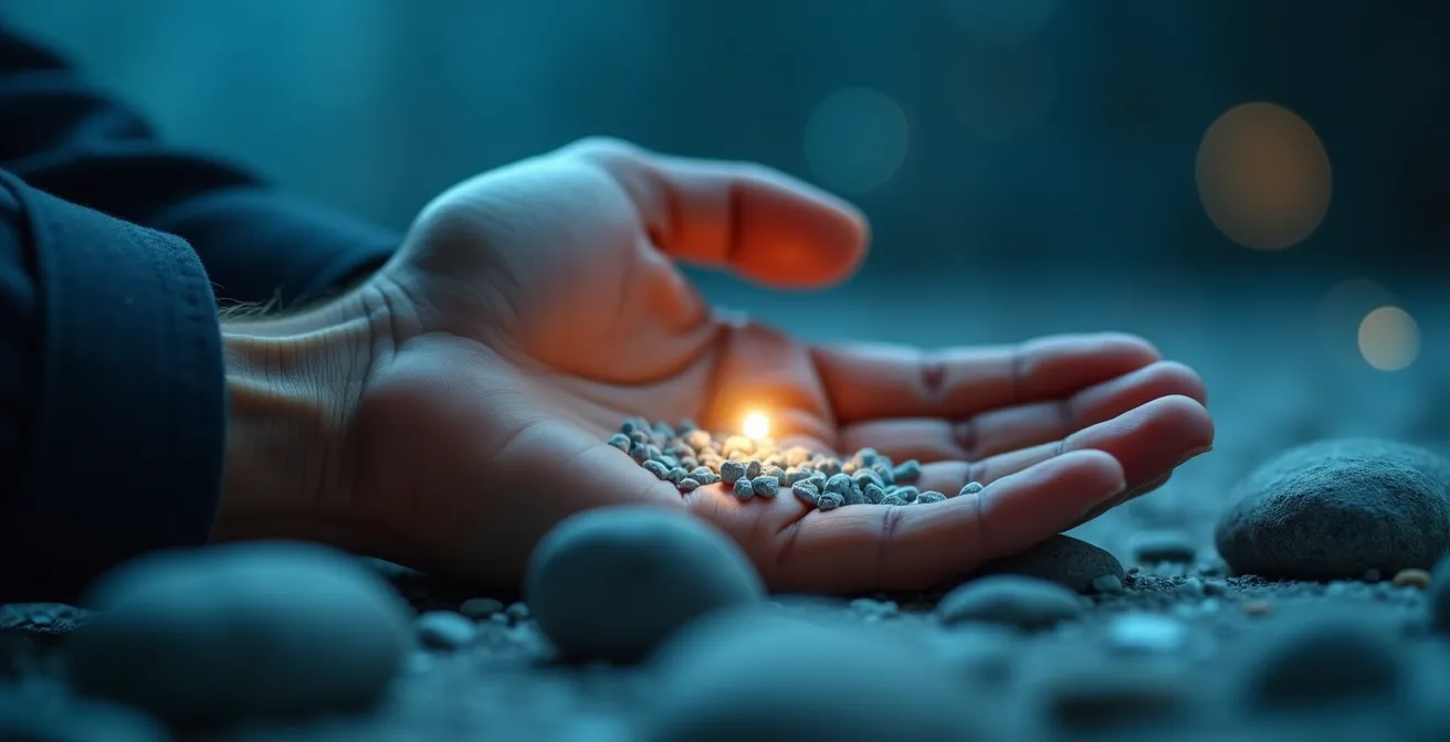 Une main protégeant des éléments numériques abstraits (données, fichiers) symbolisant la sécurité et la protection des actifs immatériels en agence créative