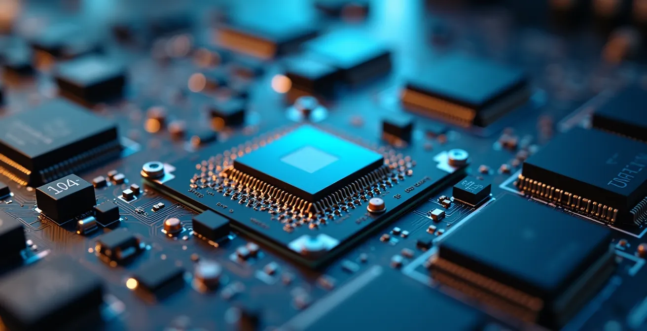 Gros plan macro montrant des circuits intégrés et composants électroniques avec mise au point progressive révélant différents niveaux de complexité interne