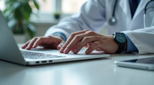 Gros plan sur un MacBook Pro posé sur un bureau professionnel avec une main effectuant un diagnostic, lumière naturelle qui souligne les détails de l'appareil