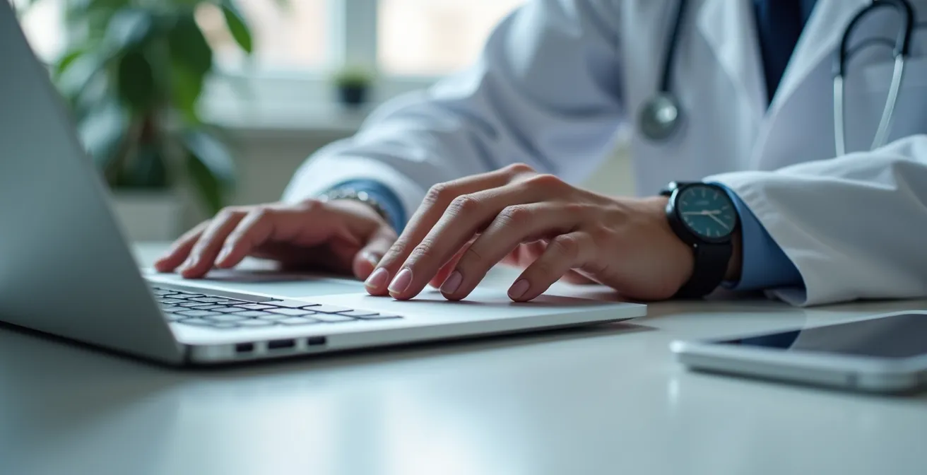 Gros plan sur un MacBook Pro posé sur un bureau professionnel avec une main effectuant un diagnostic, lumière naturelle qui souligne les détails de l'appareil