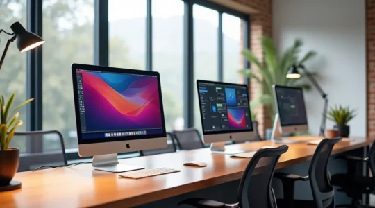 Une salle de travail moderne avec des MacBook et iMac brillants organisés sur des bureaux épurés, baignée de lumière naturelle, symbolisant un parc informatique Apple bien entretenu et productif