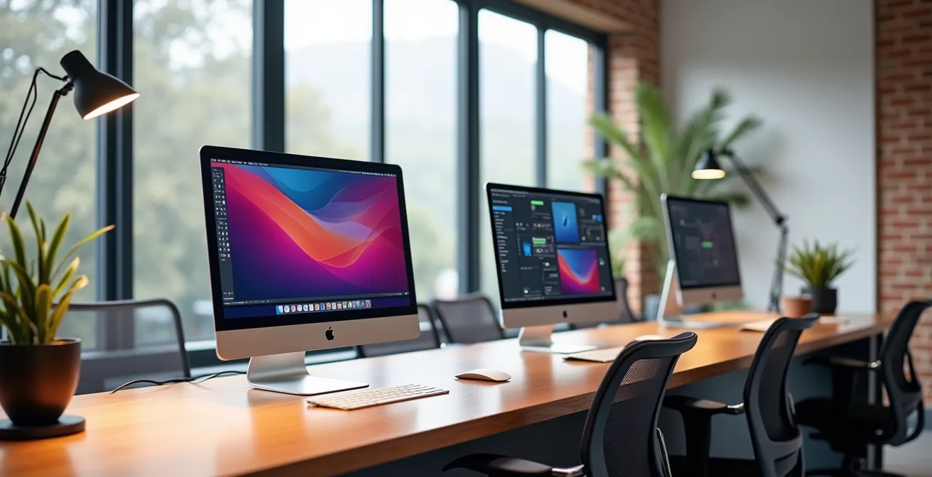 Une salle de travail moderne avec des MacBook et iMac brillants organisés sur des bureaux épurés, baignée de lumière naturelle, symbolisant un parc informatique Apple bien entretenu et productif