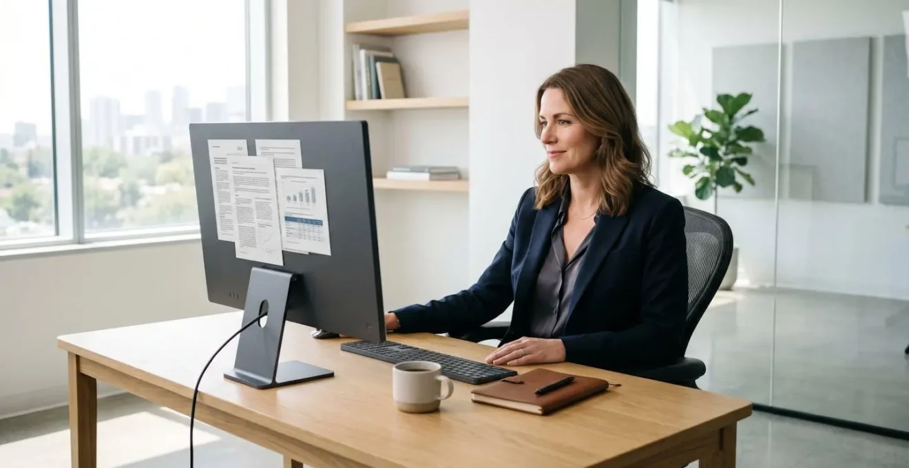 Directrice juridique consultant des documents sur un bureau épuré dans un environnement professionnel lumineux
