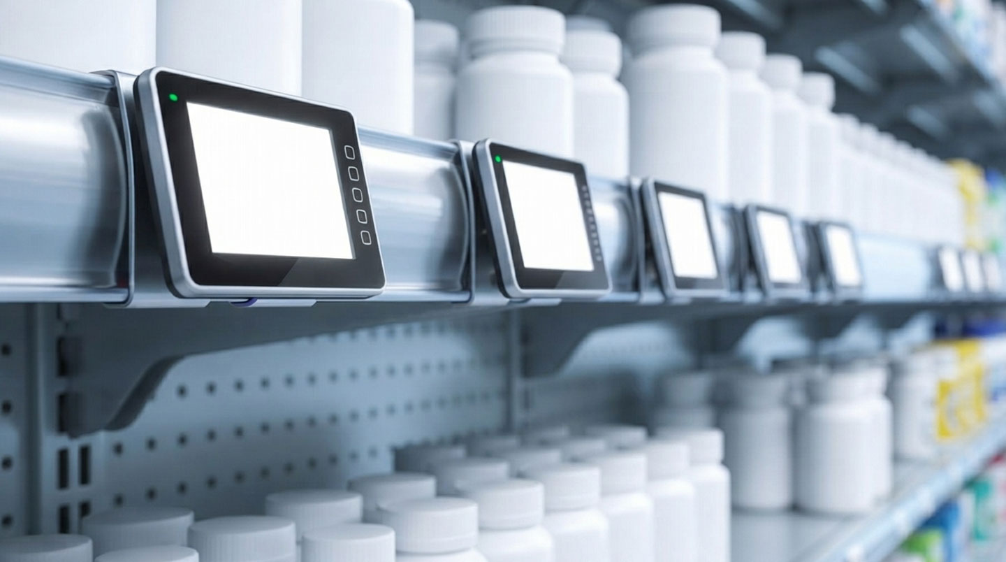 Interface logiciel de gestion officinale sur écran d'ordinateur avec étiquette électronique en premier plan affichant la synchronisation des prix