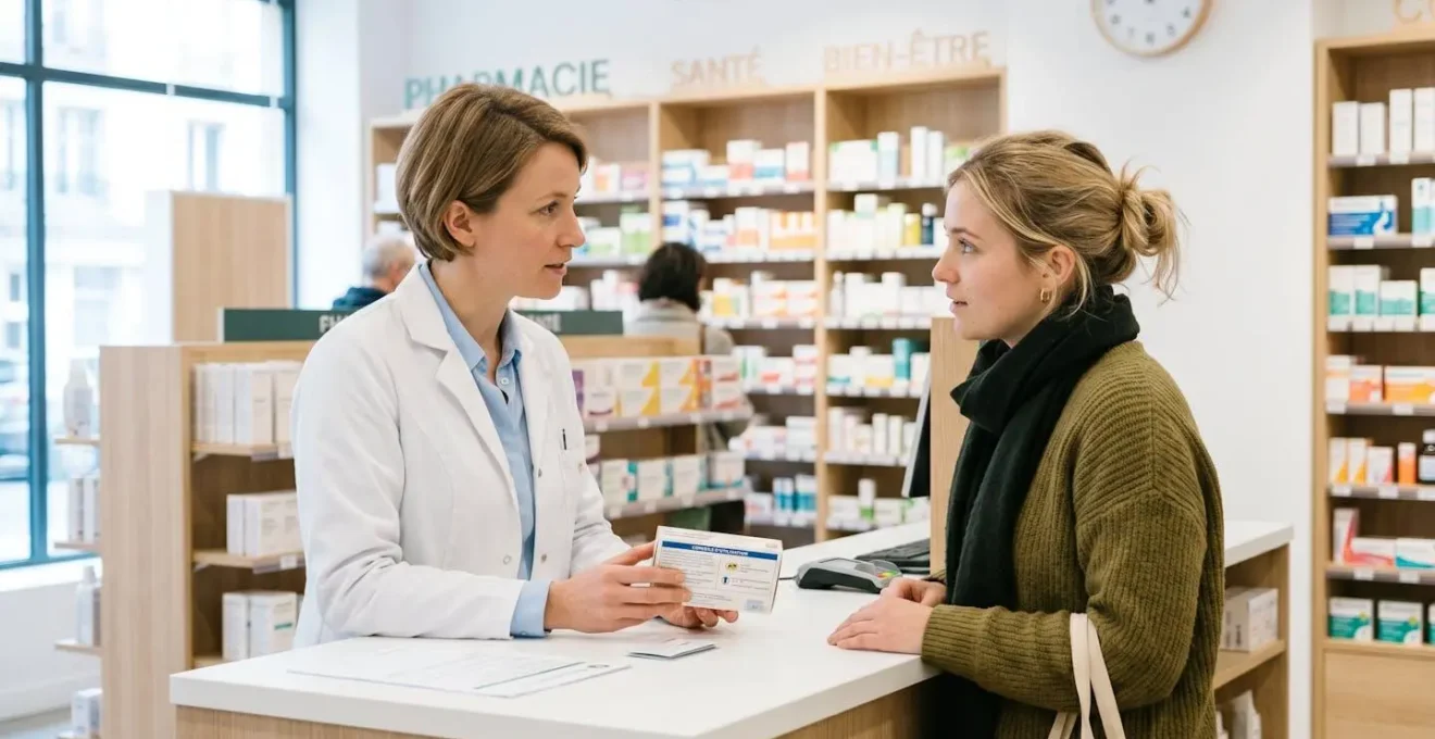 Pharmacien conseillant une cliente au comptoir d'une officine moderne, illustrant le temps libéré pour le conseil grâce aux étiquettes électroniques