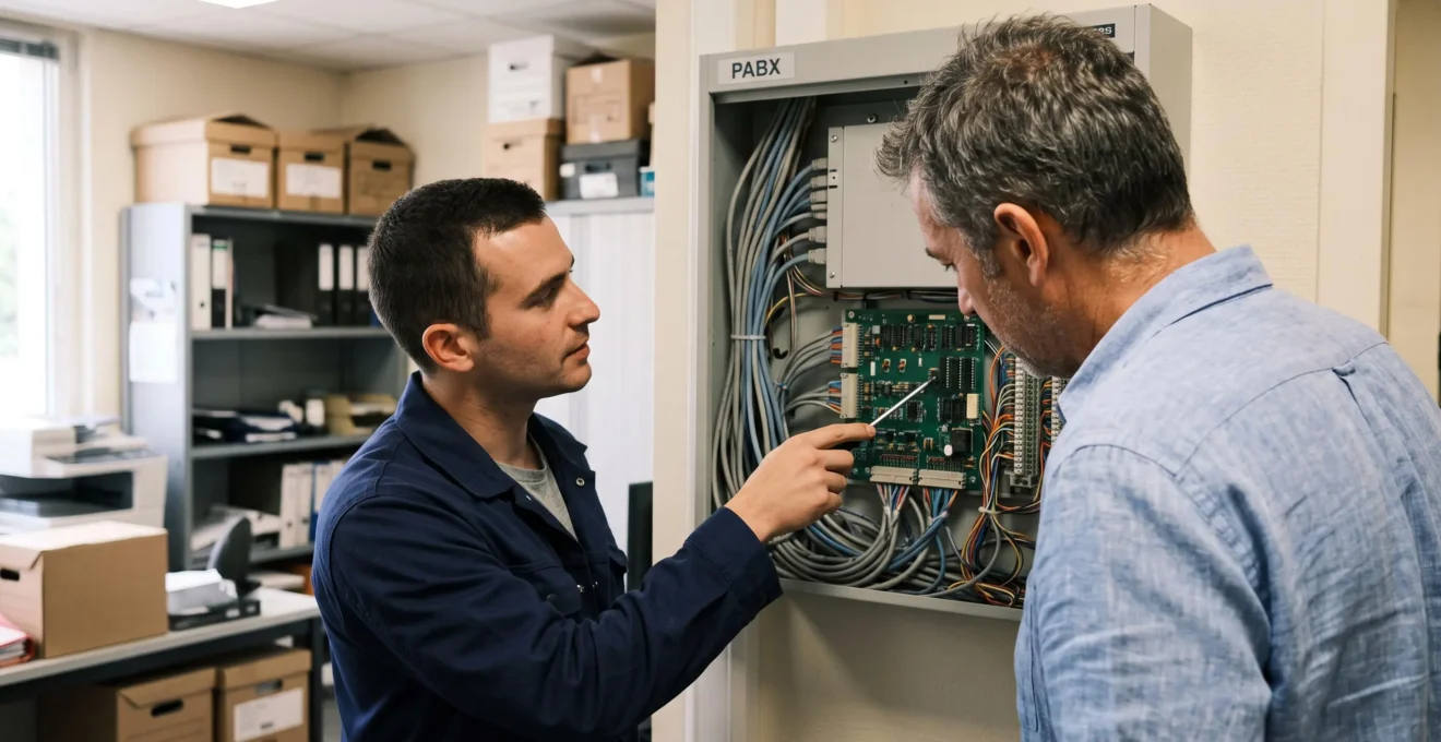 Dirigeant de PME écoutant un technicien télécom pointant un composant d'un standard téléphonique ouvert au mur.