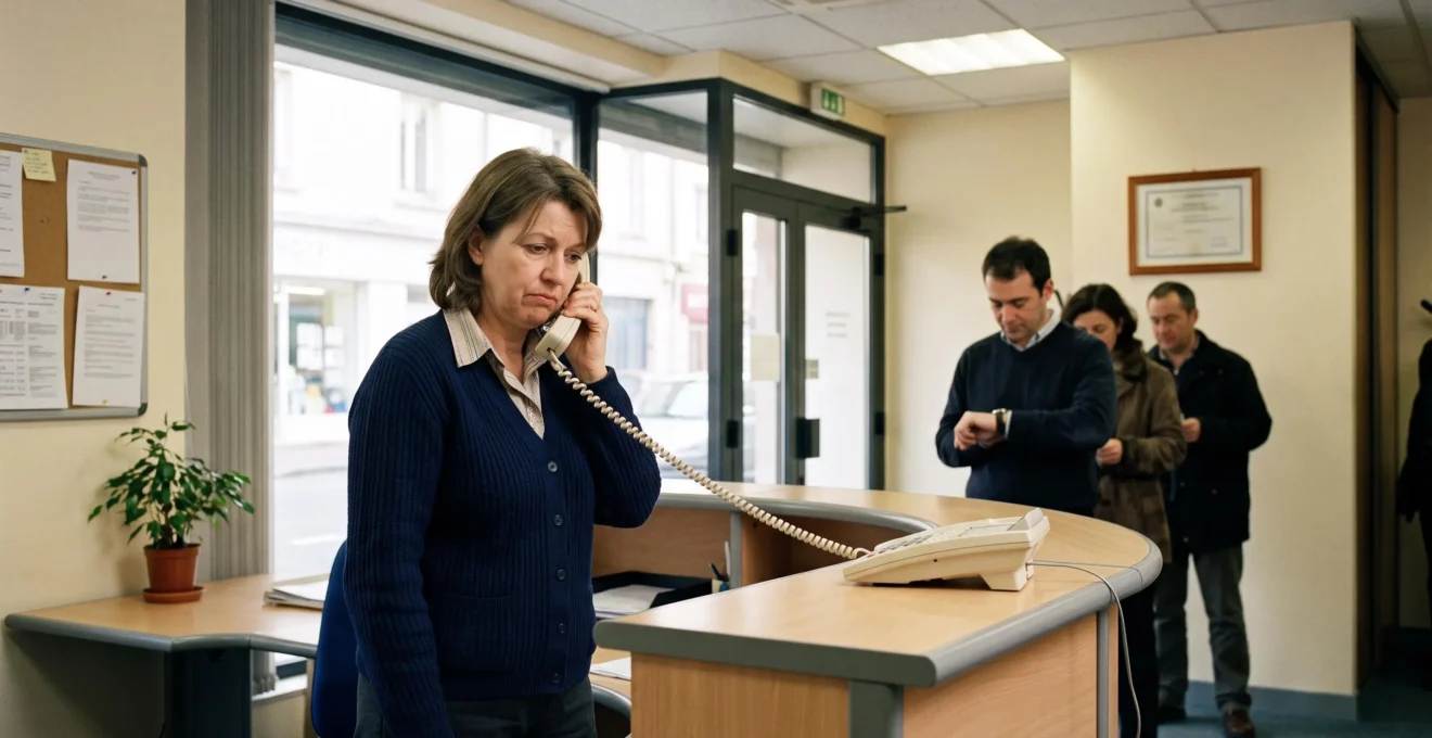 Employée de réception tenant un combiné téléphonique fixe, la ligne ne fonctionnant pas, dans une petite entreprise française.