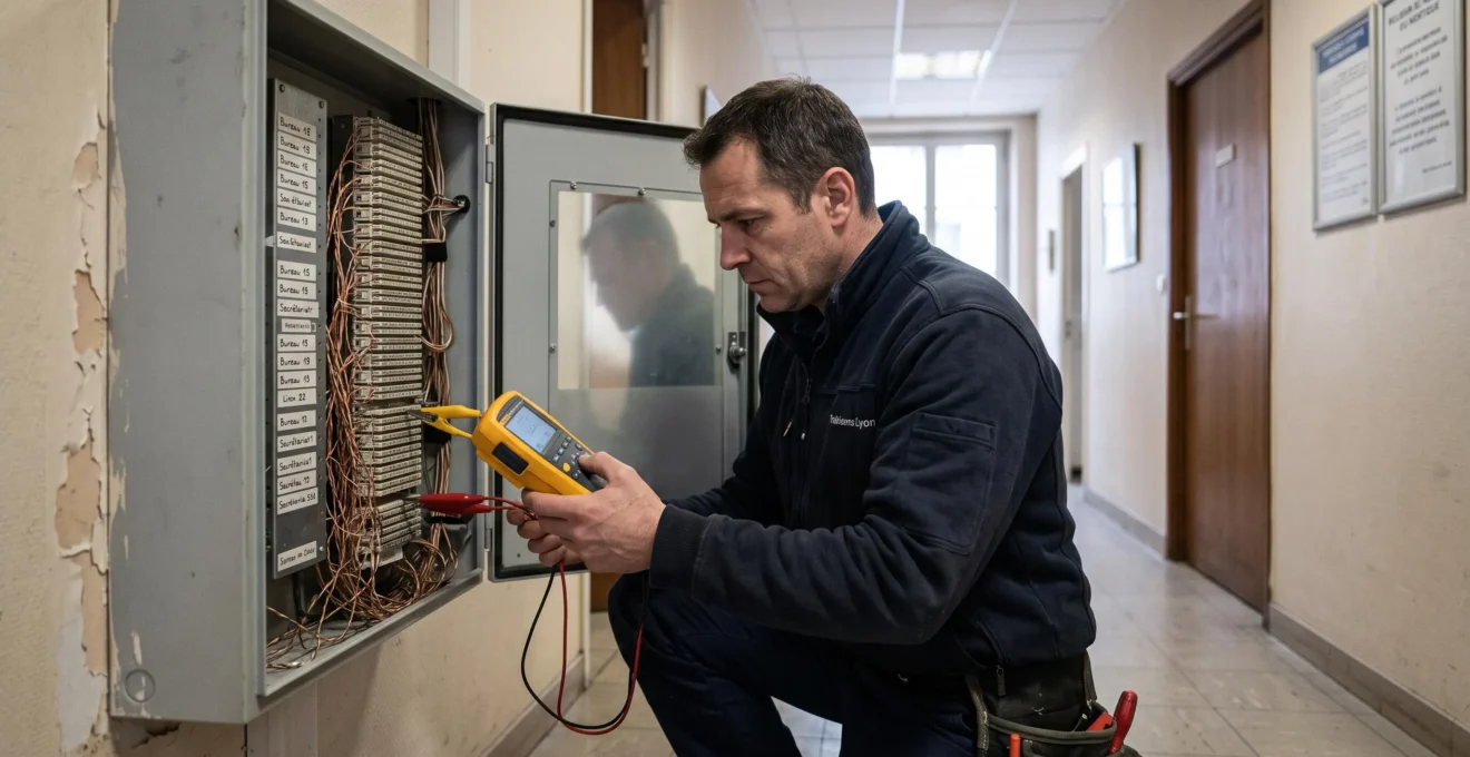 Technicien télécom testant les lignes téléphoniques dans un coffret de brassage ouvert au rez-de-chaussée d'un immeuble de bureaux.