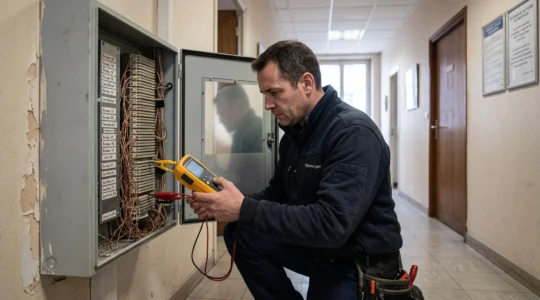 Technicien télécom testant les lignes téléphoniques dans un coffret de brassage ouvert au rez-de-chaussée d'un immeuble de bureaux.